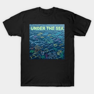 under the sea,blue sea,sea creatures,Turtle, puffer fish, starfish, shrimp, shark, tropical fish, sea horse, seaweed, sardines, squid, crabs, clams T-Shirt